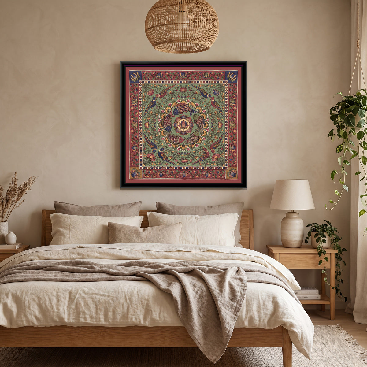 Kalamkari Painting – Fish Mandala – Sage Green - canvas print shown in a styled room