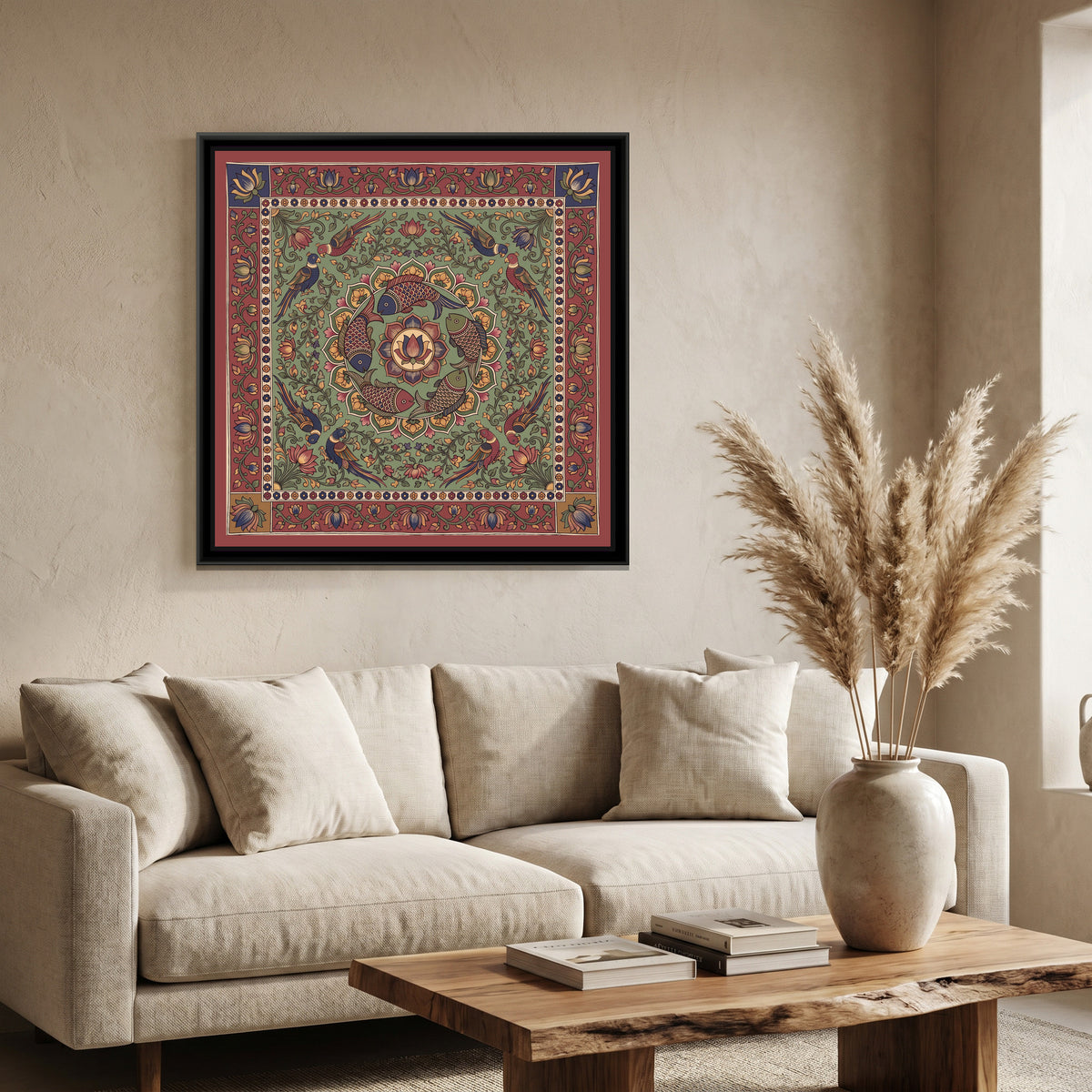 Kalamkari Painting – Fish Mandala – Sage Green - canvas print shown in a second room setting