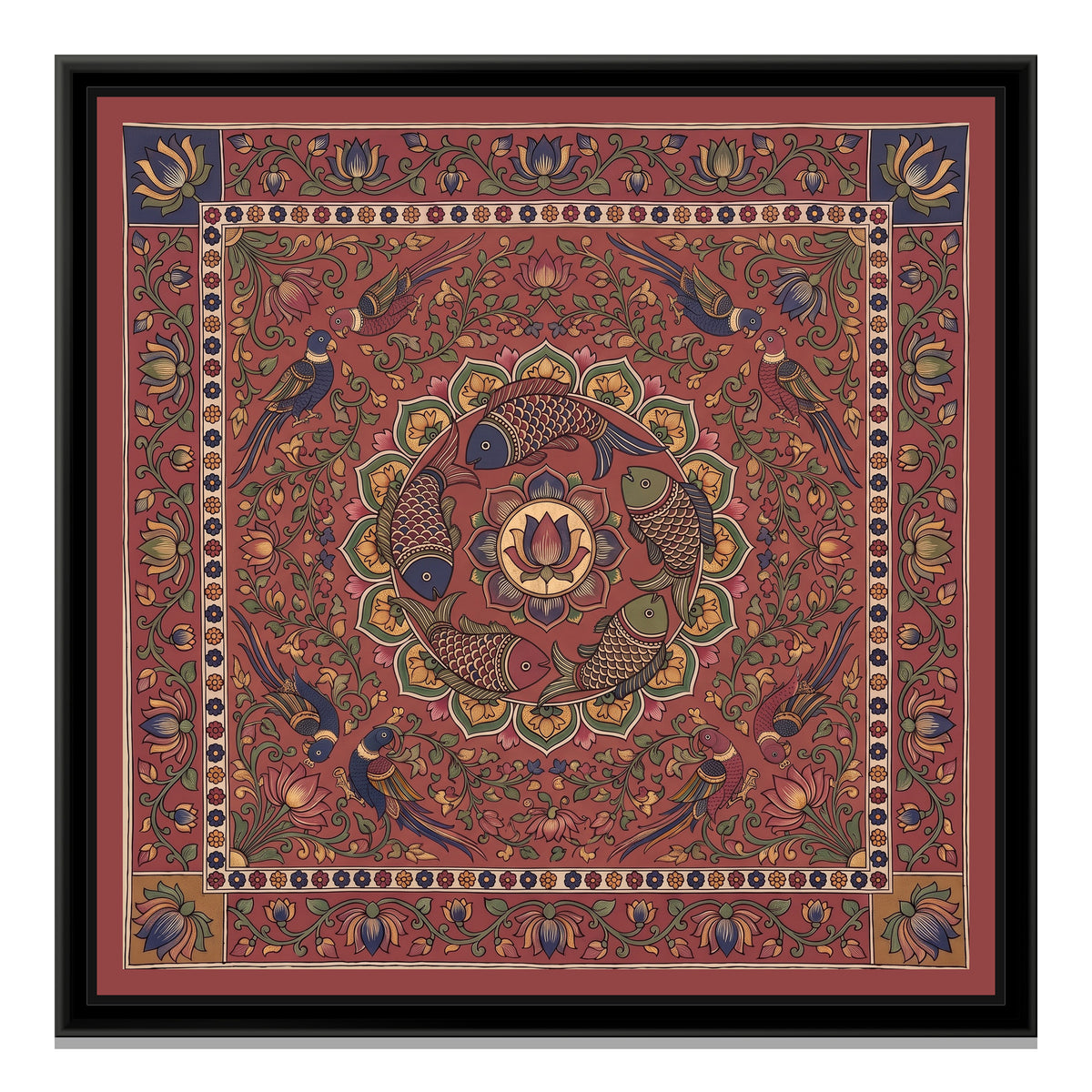 Kalamkari Painting – Fish Mandala – Deep Madder Red - framed canvas print, front view