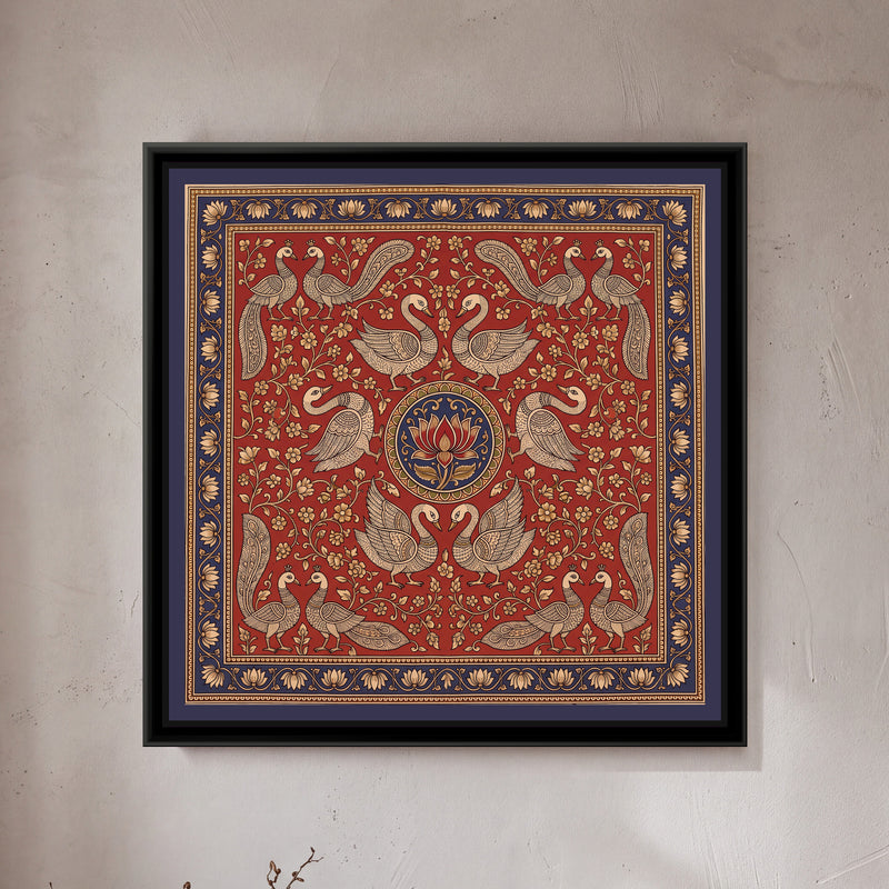 Kalamkari Painting – Swan Mandala – Madder - framed canvas print of six cream line-drawn swans with finely patterned wings arranged in mirrored pairs around a round indigo medallion holding a single red lotus, pairs of crested peacocks with long patterned tails in all four corners, cream flowering creepers filling a deep madder red ground, inside a deep indigo border of cream lotuses on a trailing vine, hung on a wall