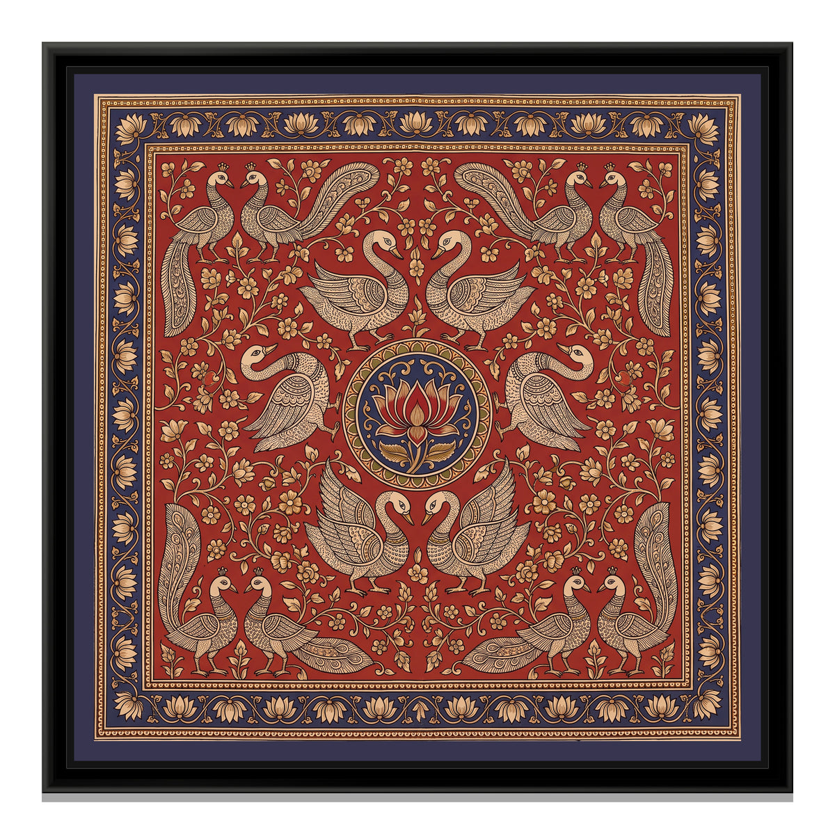 Kalamkari Painting – Swan Mandala – Madder - framed canvas print, front view