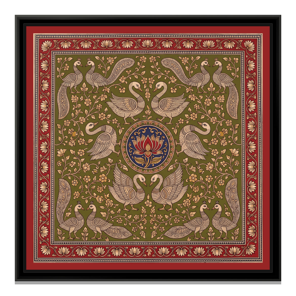 Kalamkari Painting – Swan Mandala – Olive - framed canvas print, front view