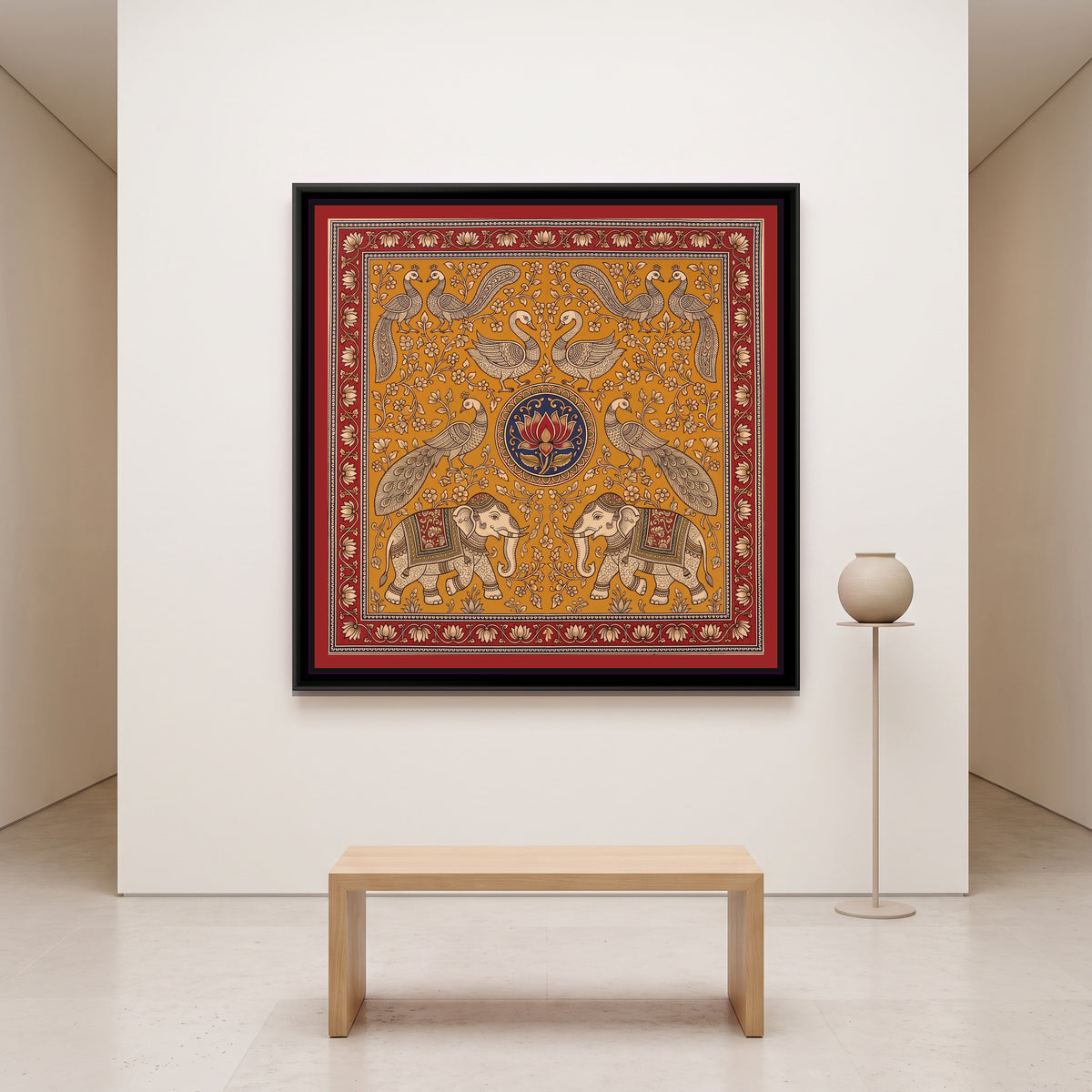 Kalamkari Painting – Elephant and Peacock Mandala - canvas print shown in a styled room