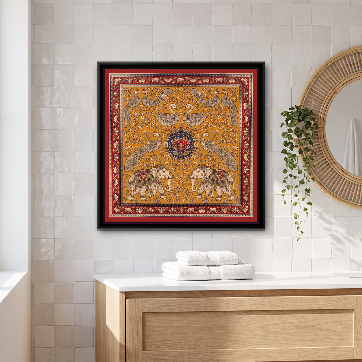 Kalamkari Painting – Elephant and Peacock Mandala - canvas print shown in a second room setting