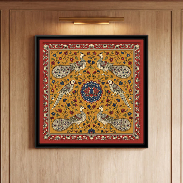 Kalamkari Painting – Parrot and Peacock Mandala