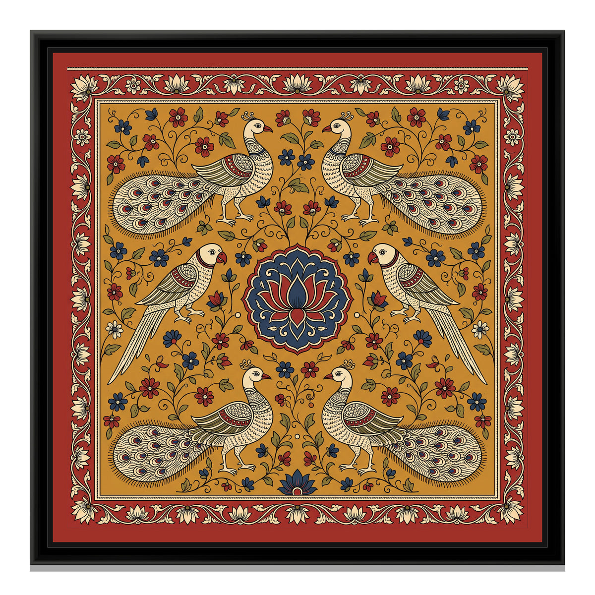 Kalamkari Painting – Parrot and Peacock Mandala - framed canvas print, front view