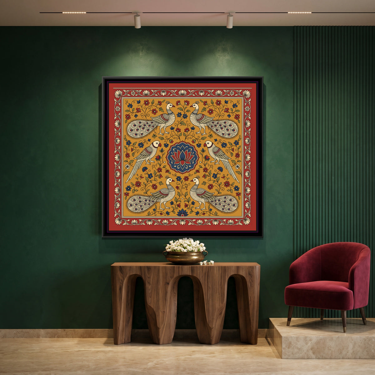 Kalamkari Painting – Parrot and Peacock Mandala - canvas print shown in a styled room