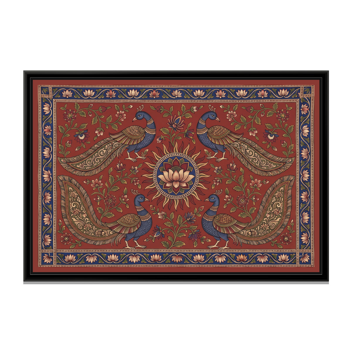 Kalamkari Painting – Four Peacocks around a Sun Medallion – Madder - framed canvas print, front view