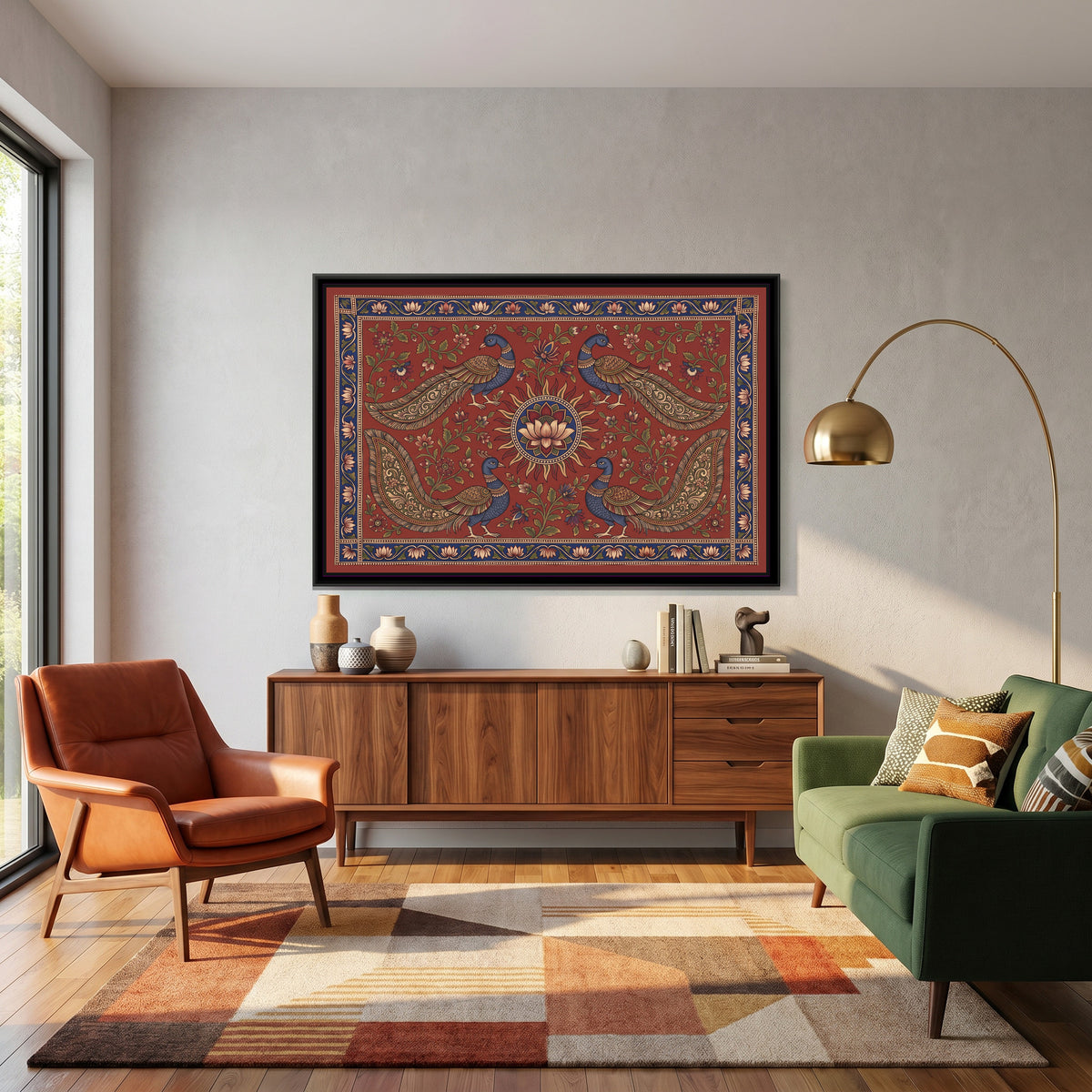 Kalamkari Painting – Four Peacocks around a Sun Medallion – Madder - canvas print shown in a styled room