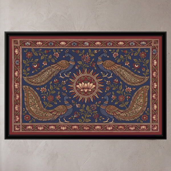 Kalamkari Painting – Four Peacocks around a Sun Medallion – Indigo