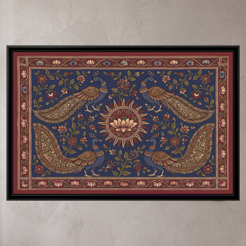 Kalamkari Painting – Four Peacocks around a Sun Medallion – Indigo