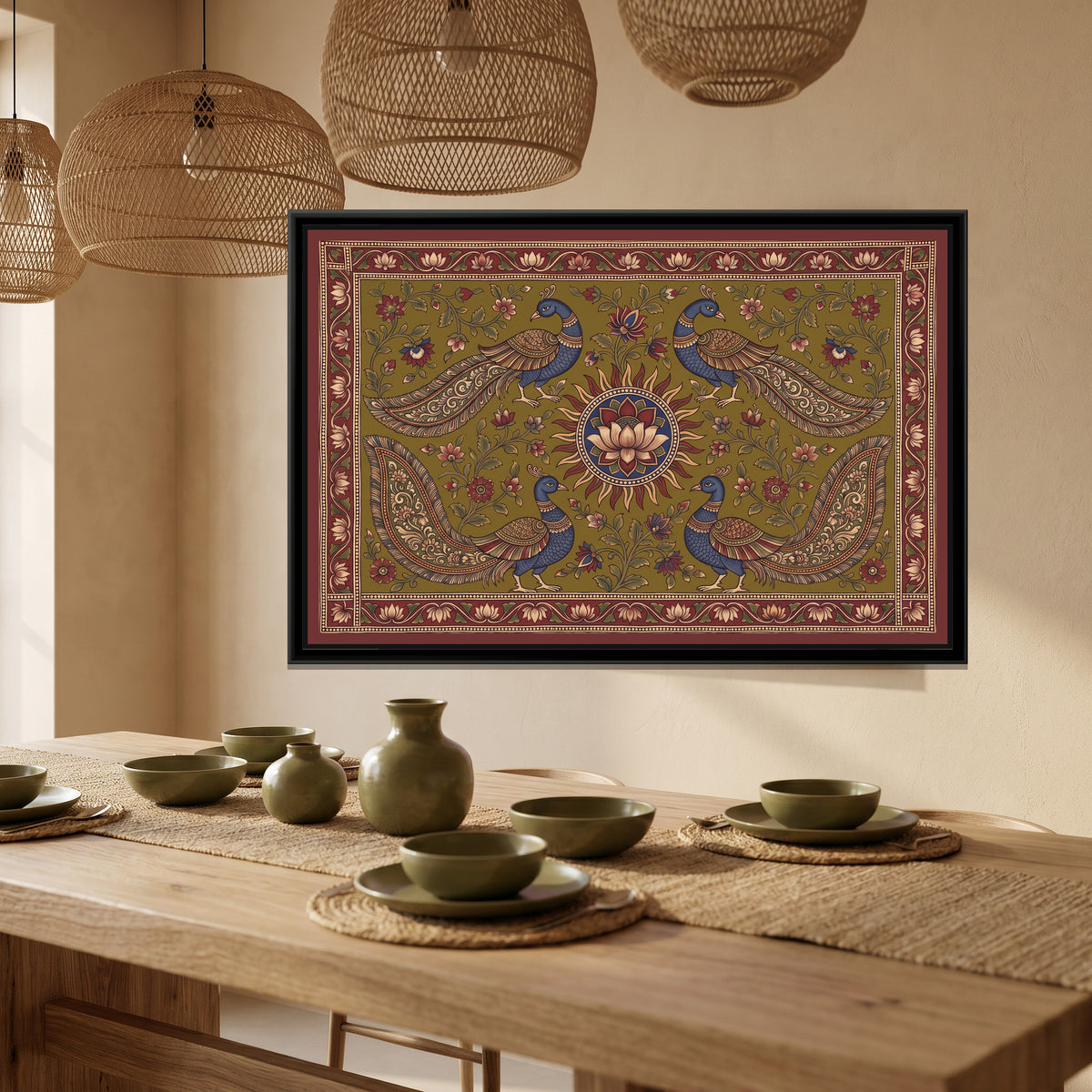 Kalamkari Painting – Four Peacocks around a Sun Medallion – Olive - canvas print shown in a second room setting