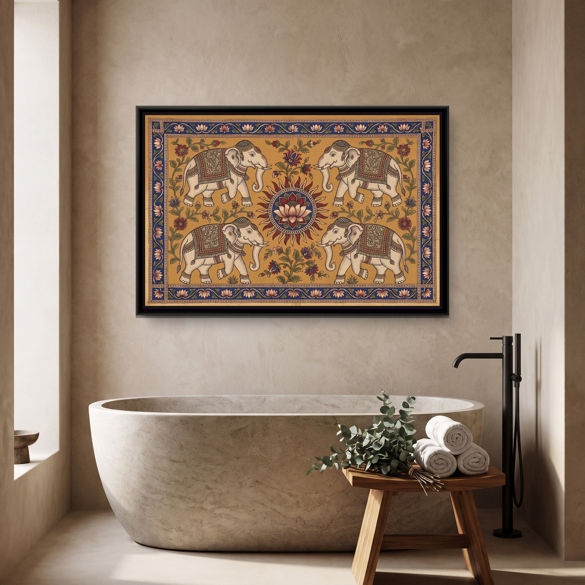 Kalamkari Painting – Four Elephants around a Sun Medallion - canvas print shown in a styled room