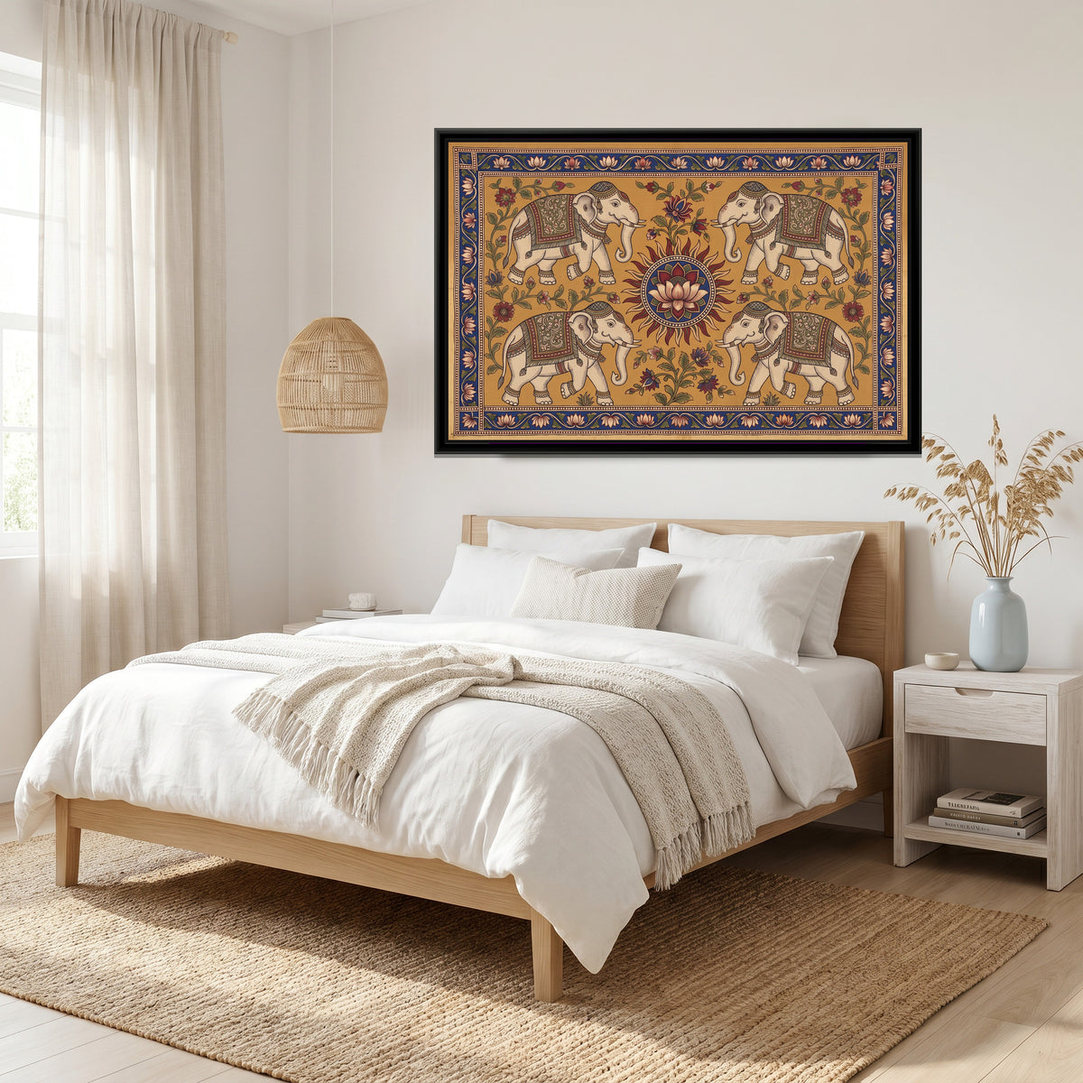 Kalamkari Painting – Four Elephants around a Sun Medallion - canvas print shown in a second room setting