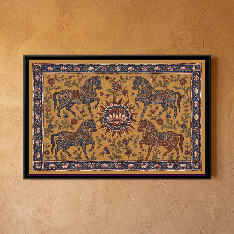 Kalamkari Painting – Four Horses around a Sun Medallion