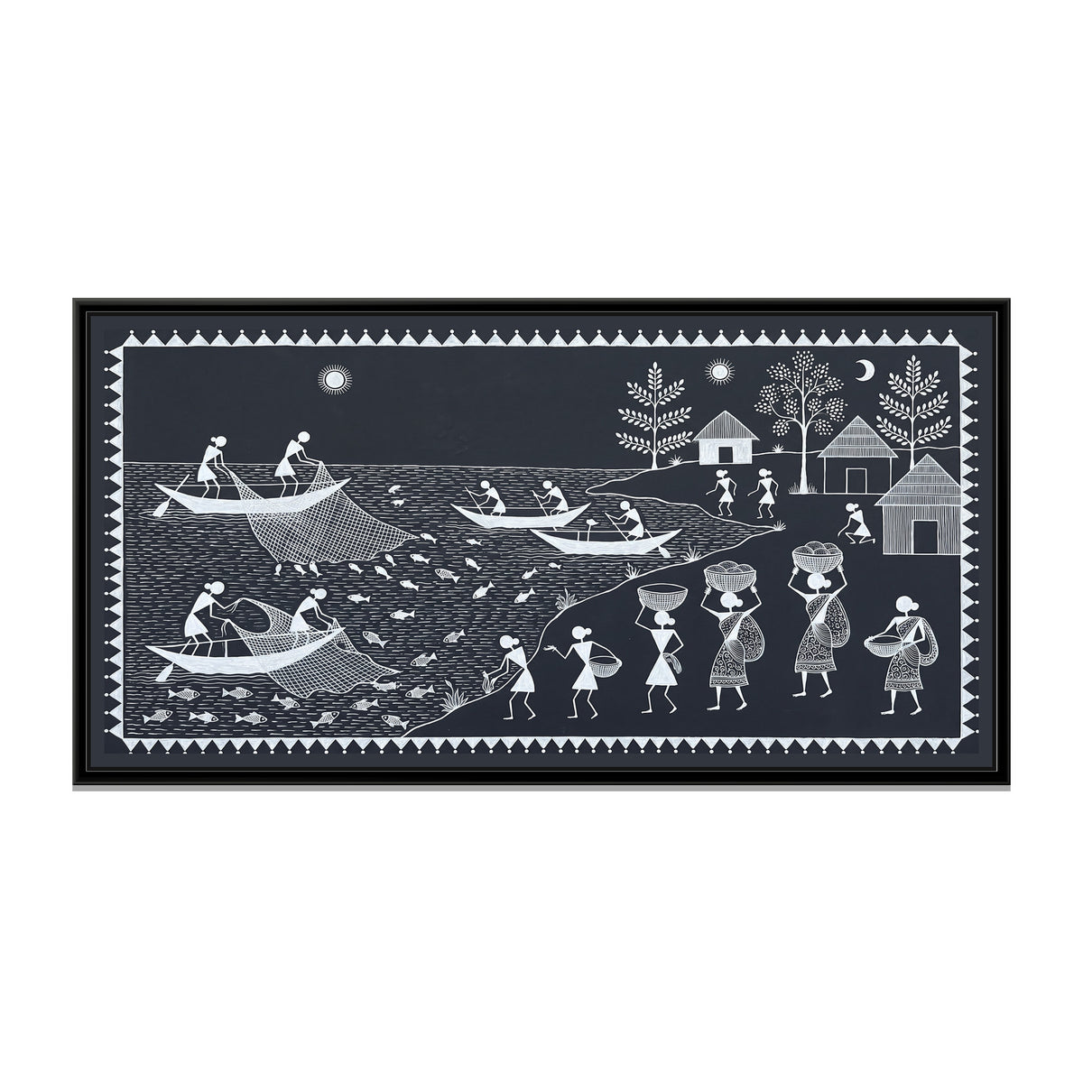 Warli Painting – Fishermen on the River - framed canvas print, front view