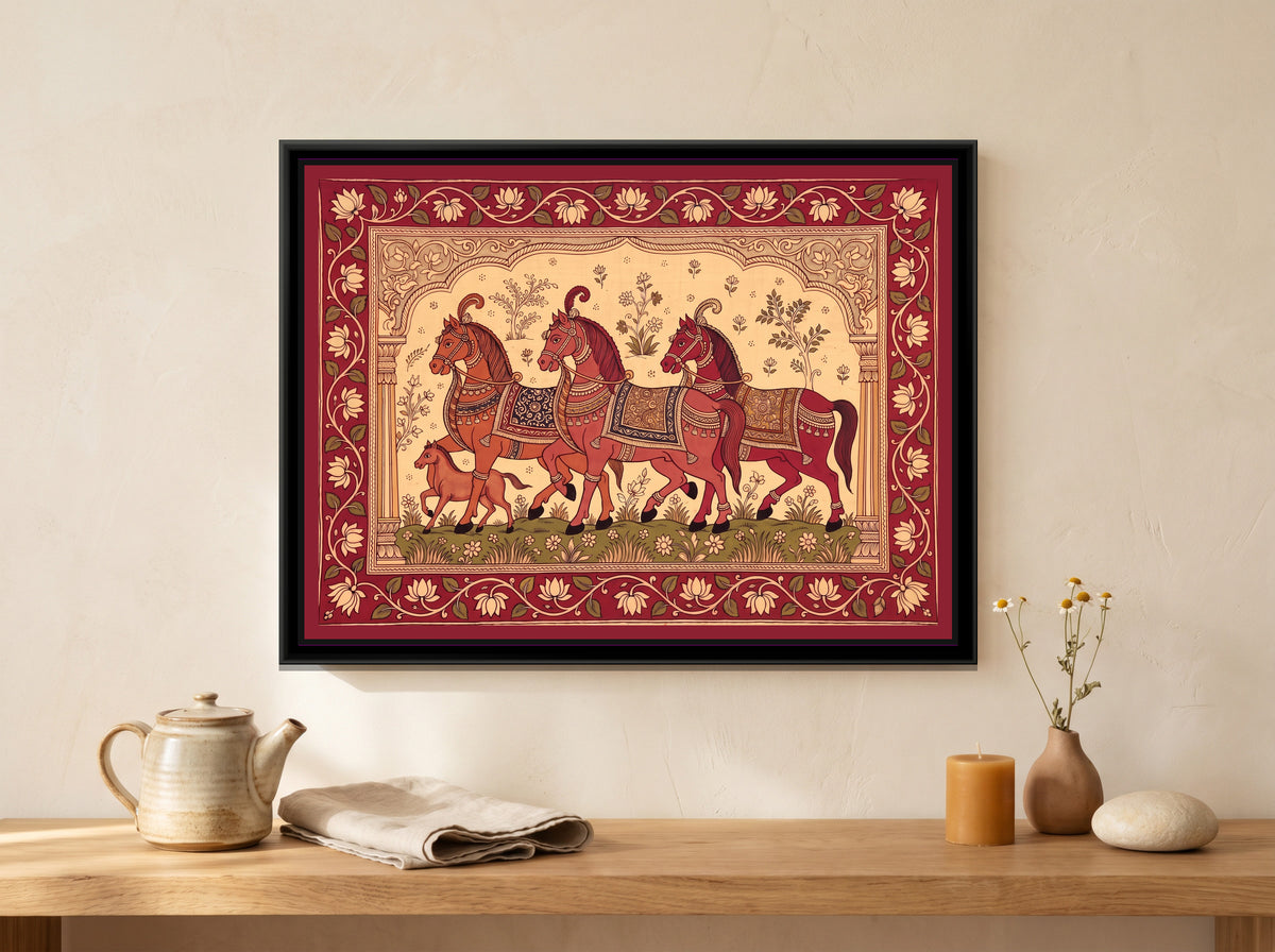 Kalamkari Painting – Procession of Decorated Horses – Ivory Ground - canvas print shown in a styled room