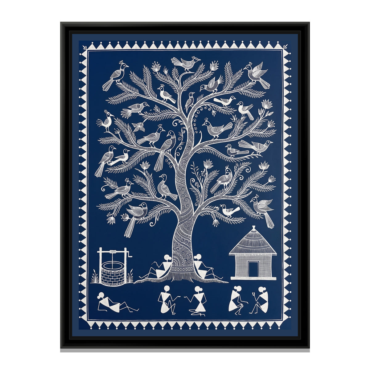 Warli Painting – Tree of Life with Birds – Deep Indigo - framed canvas print, front view