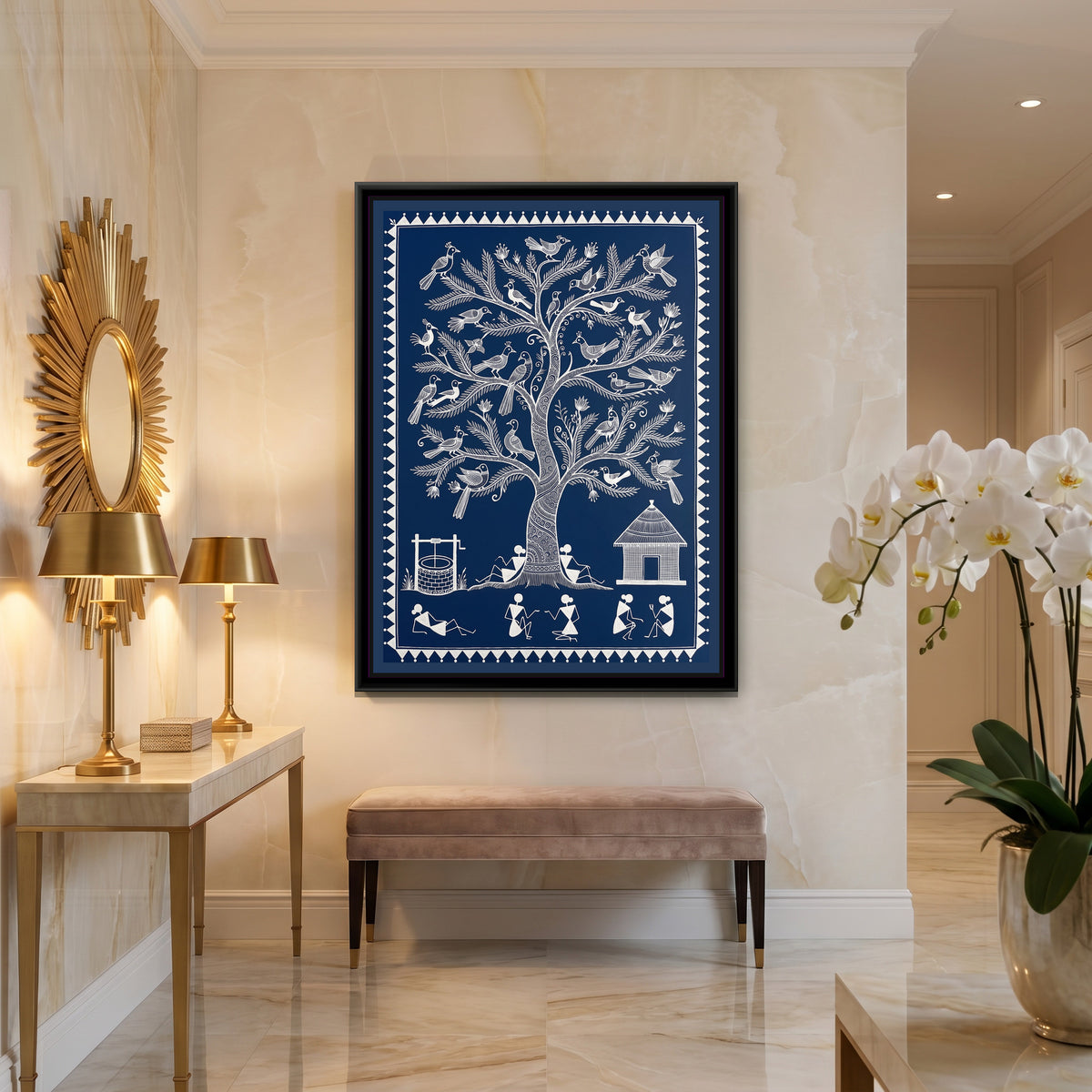 Warli Painting – Tree of Life with Birds – Deep Indigo - canvas print shown in a styled room