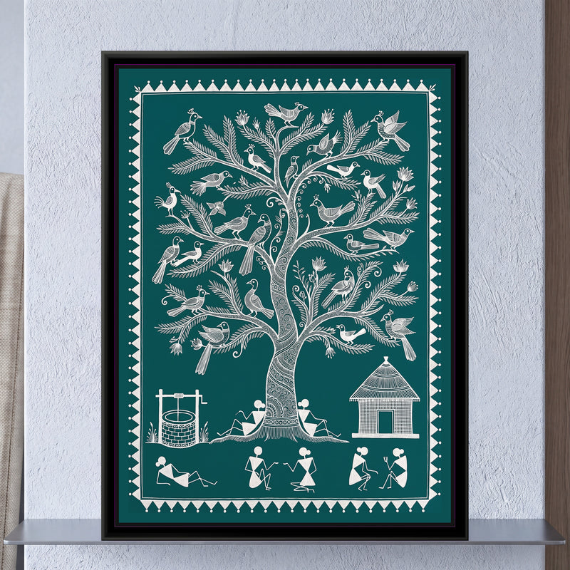 Warli Painting – Tree of Life with Birds – Deep Teal