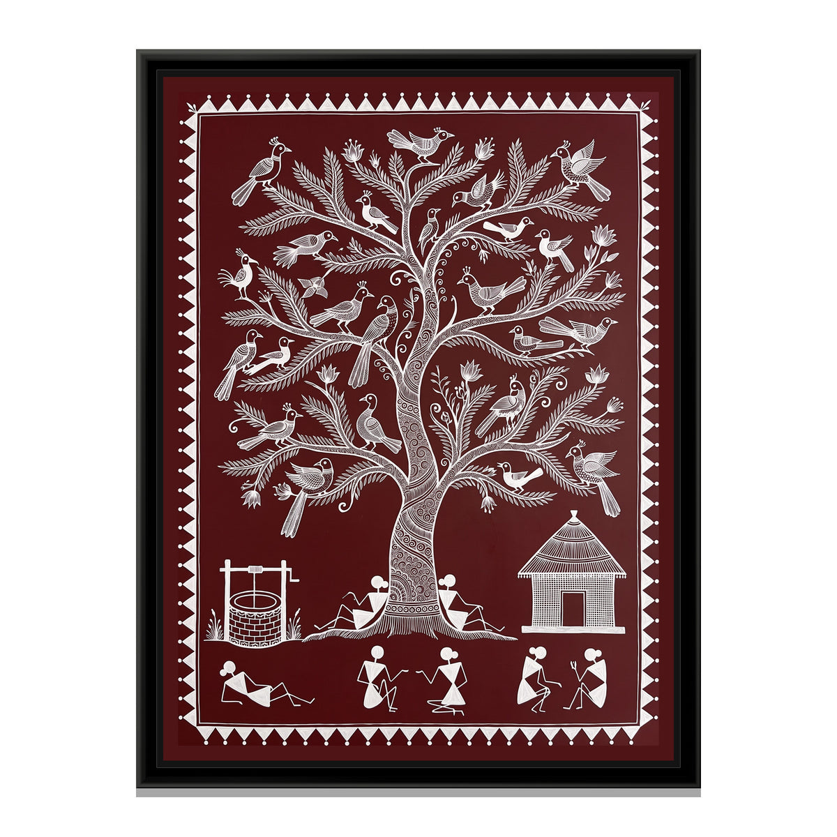 Warli Painting – Tree of Life with Birds – Deep Maroon - framed canvas print, front view