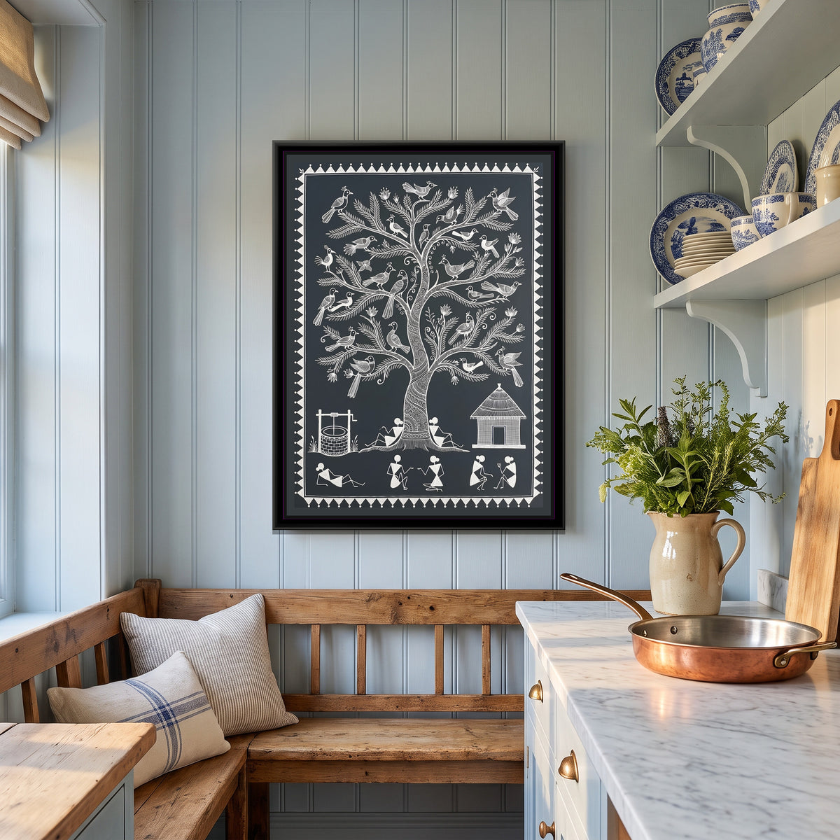 Warli Painting – Tree of Life with Birds – Deep Charcoal - canvas print shown in a styled room
