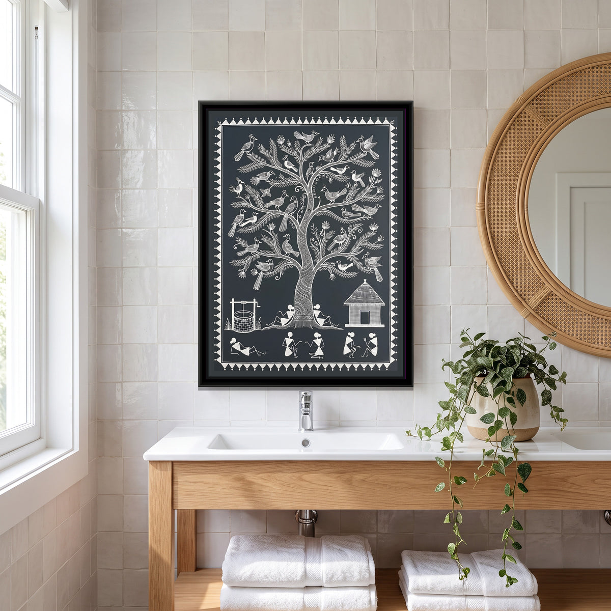 Warli Painting – Tree of Life with Birds – Deep Charcoal - canvas print shown in a second room setting