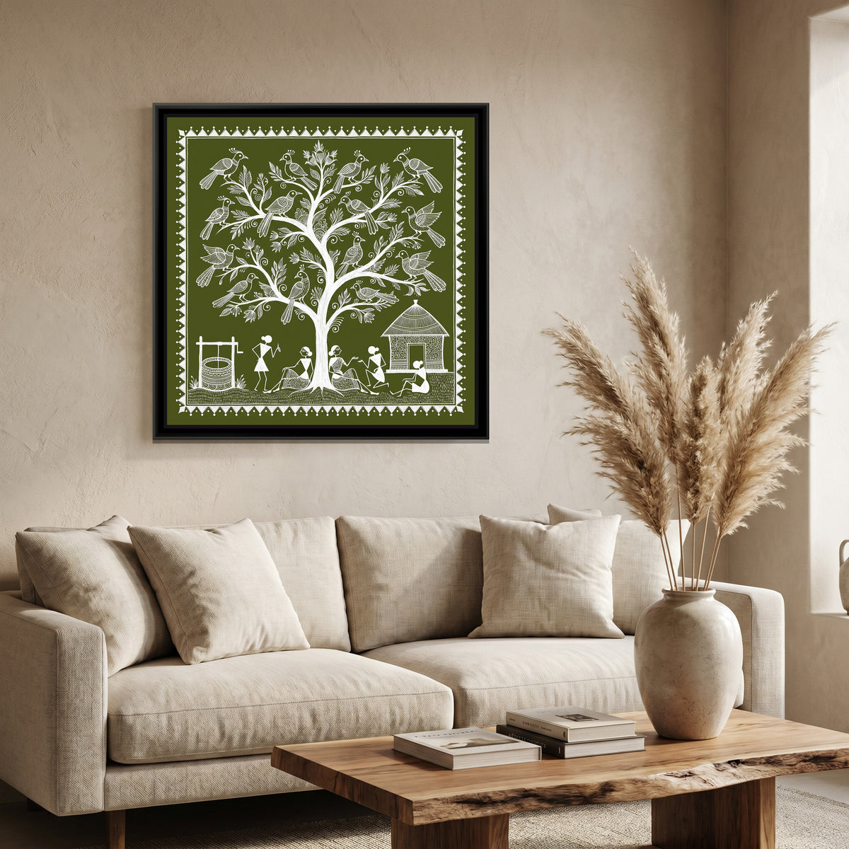Warli Painting – Tree of Life with Birds – Olive Square - canvas print shown in a styled room