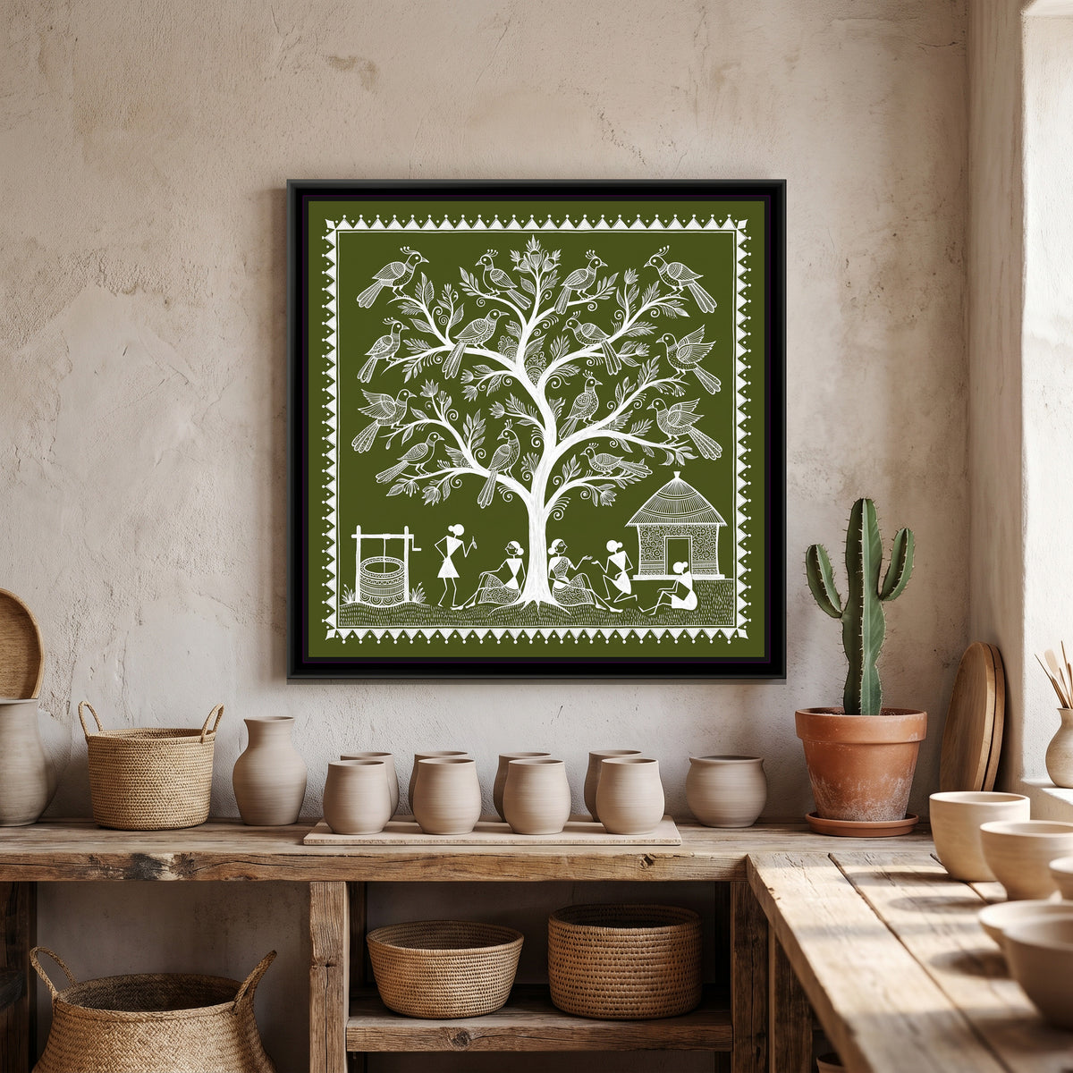 Warli Painting – Tree of Life with Birds – Olive Square - canvas print shown in a second room setting