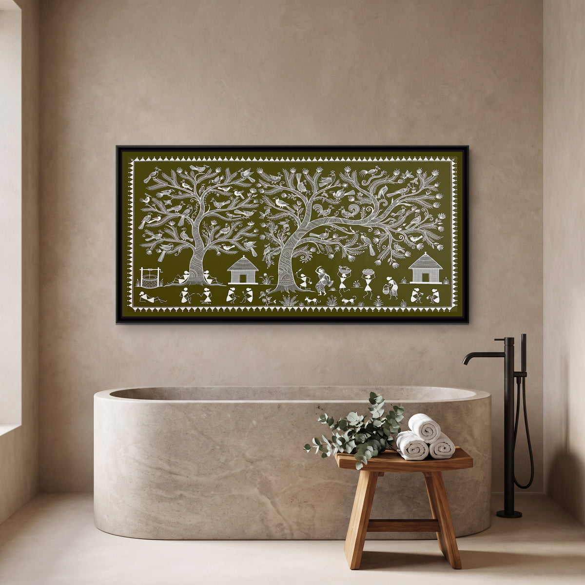 Warli Painting – Tree of Life Village Panorama - canvas print shown in a second room setting