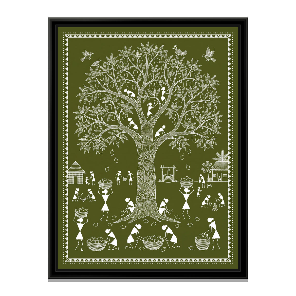 Warli Painting – Mango Tree at Harvest - framed canvas print, front view