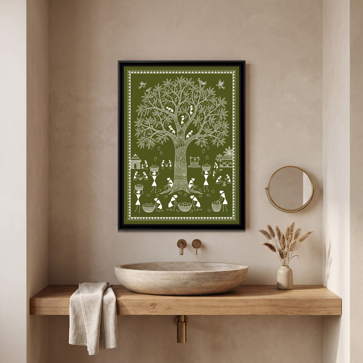 Warli Painting – Mango Tree at Harvest - canvas print shown in a styled room