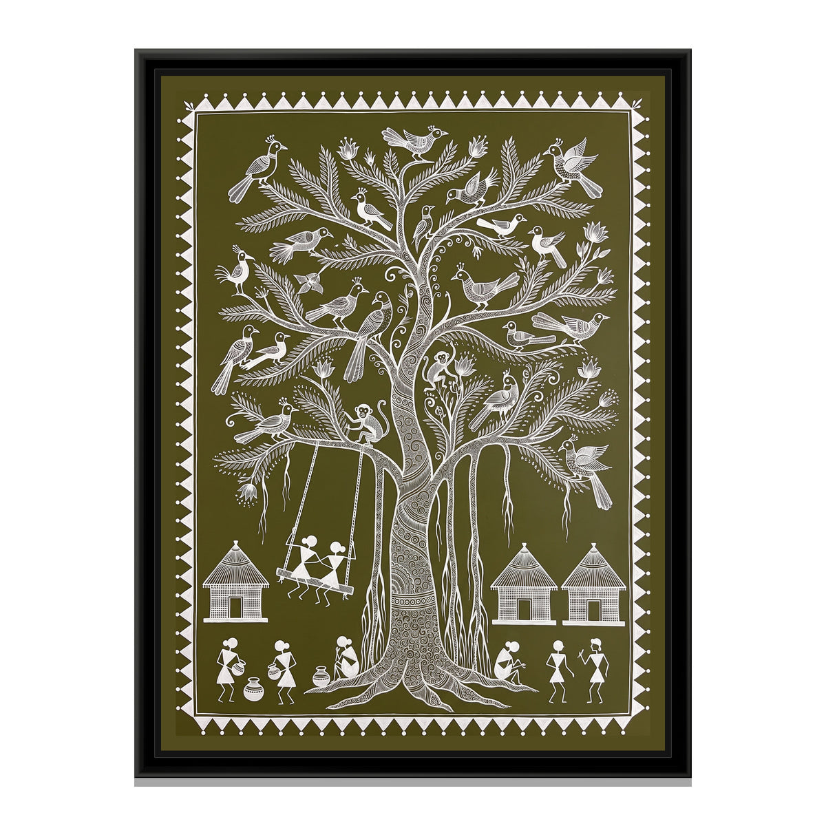 Warli Painting – Banyan Tree with a Swing - framed canvas print, front view