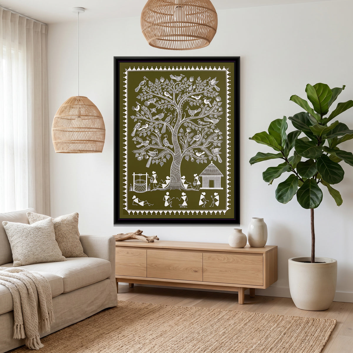 Warli Painting – Peepal Tree with Peacocks - canvas print shown in a styled room