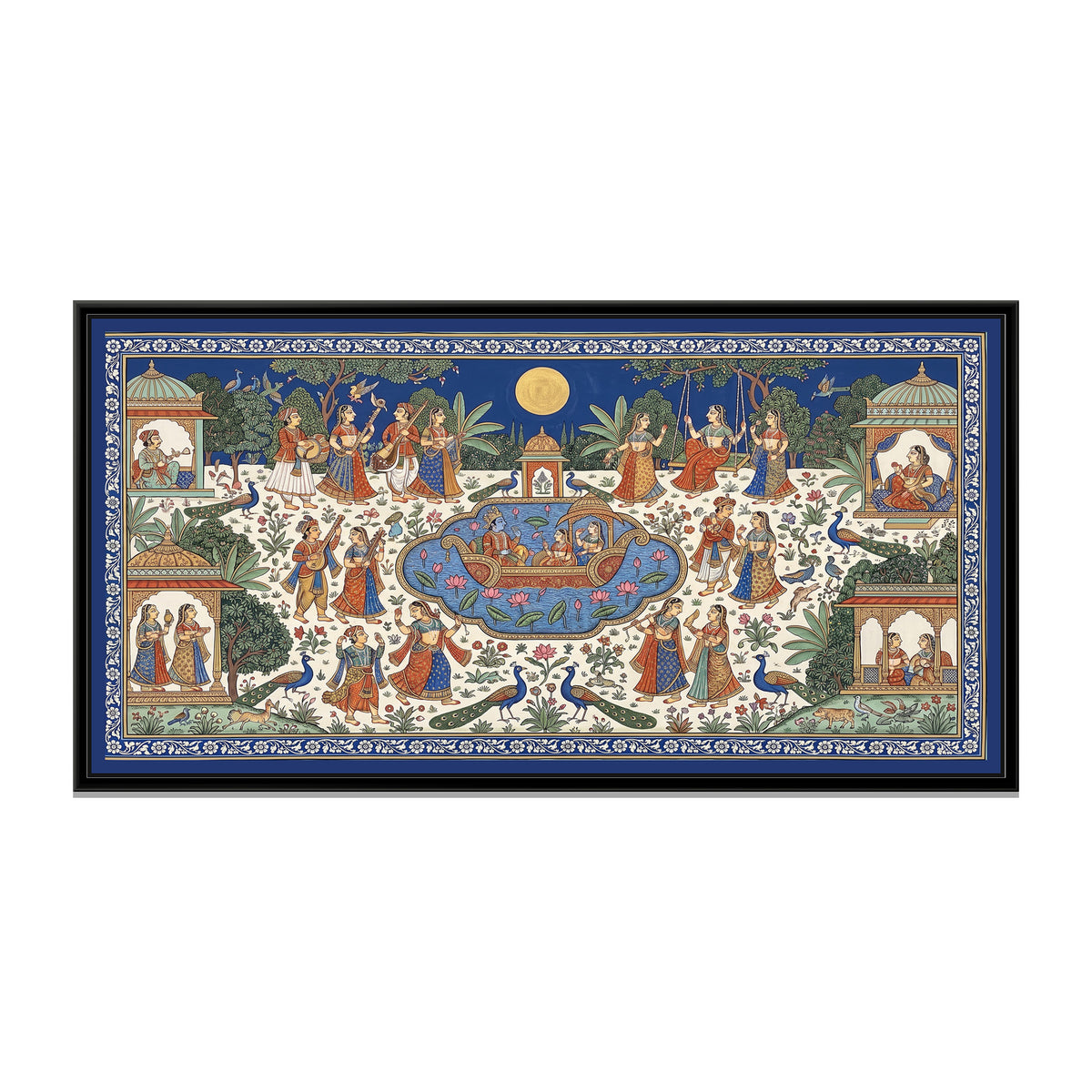 Phad Painting – A Royal Garden Festival - framed canvas print, front view