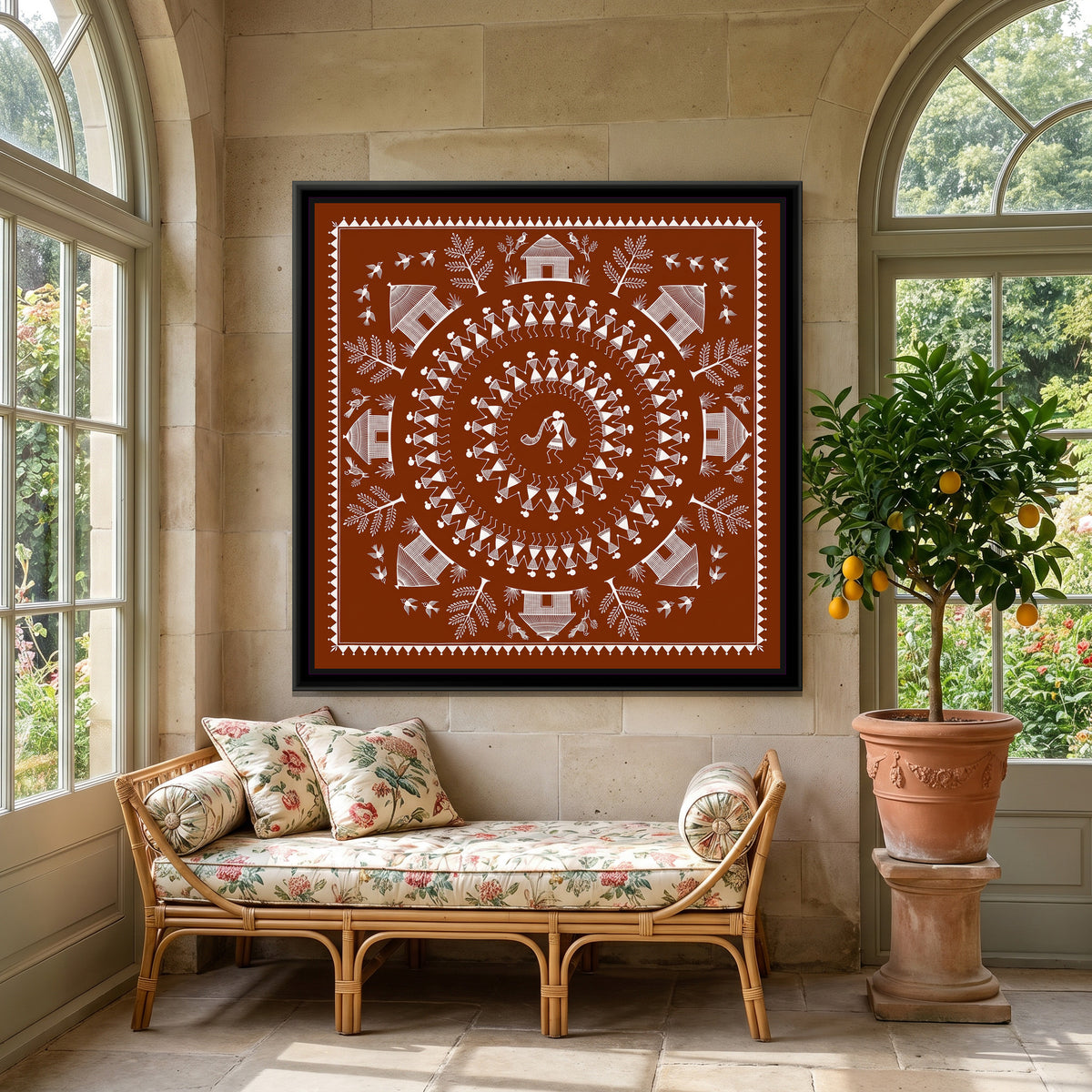Warli Painting – The Great Tarpa Dance - canvas print shown in a styled room