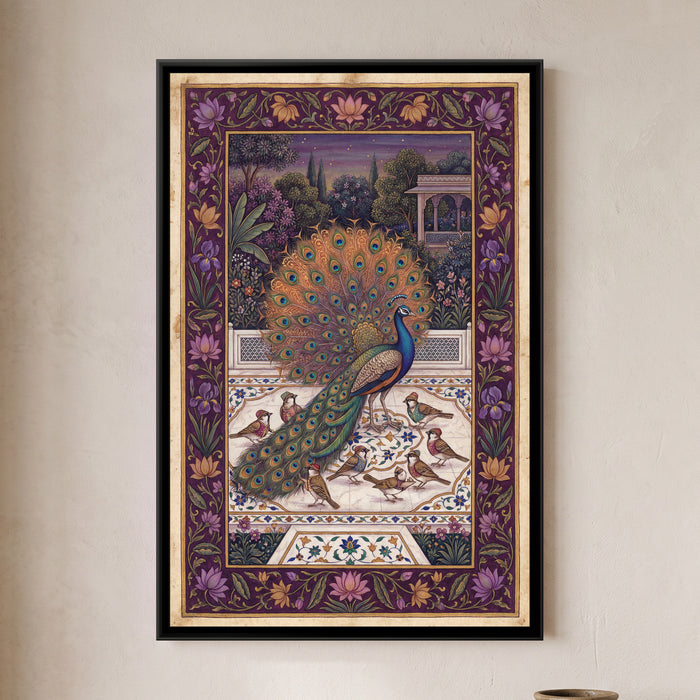 Peacock and the Sparrows – Bronze Tail - framed canvas art print of a peacock with a fanned bronze tail stands on an inlaid marble terrace among small sparrows in tiny coats, with a dusky garden and pavilion behind a purple floral border, hung on a wall