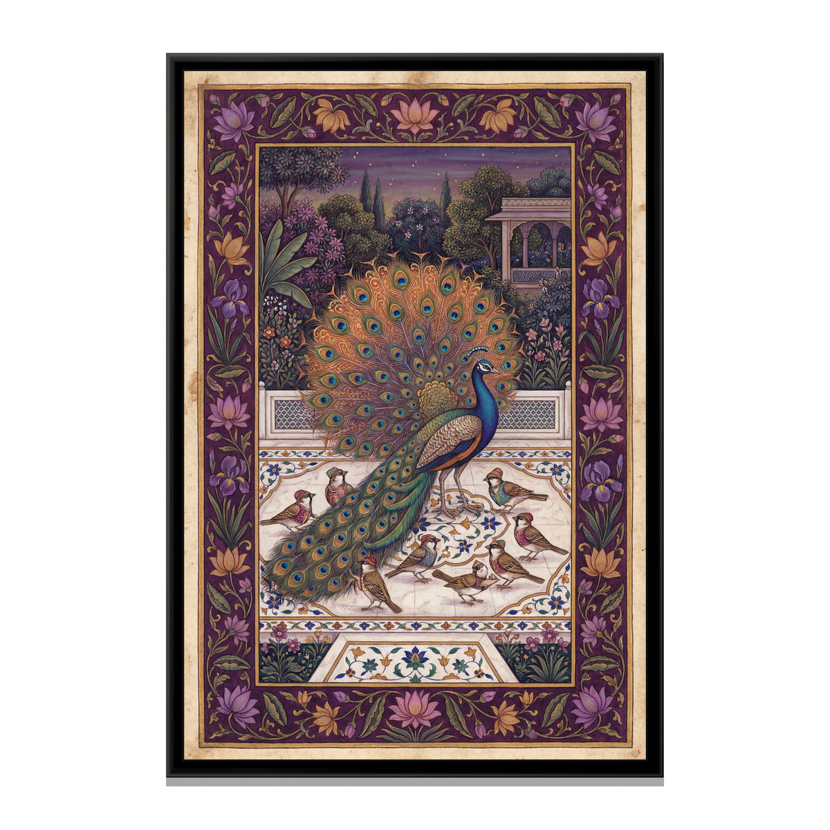 Peacock and the Sparrows – Bronze Tail - framed canvas art print, front view