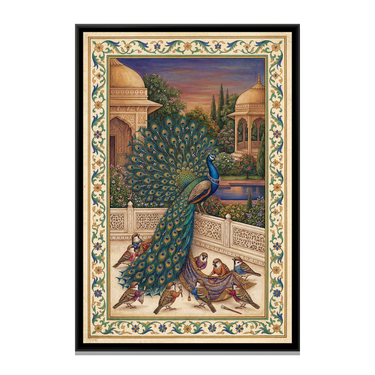 Peacock and the Sparrows – Sunset Terrace - framed canvas art print, front view