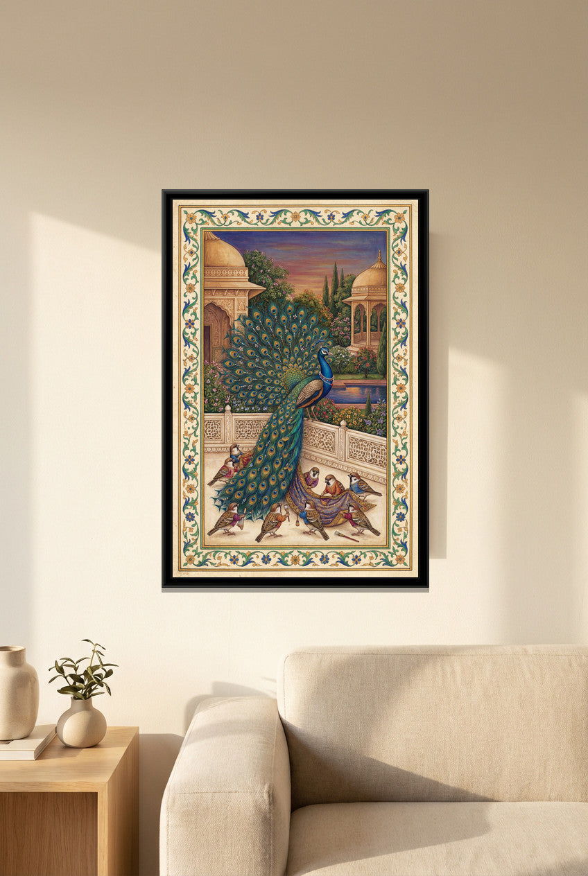 Peacock and the Sparrows – Sunset Terrace - canvas art print shown in a styled room