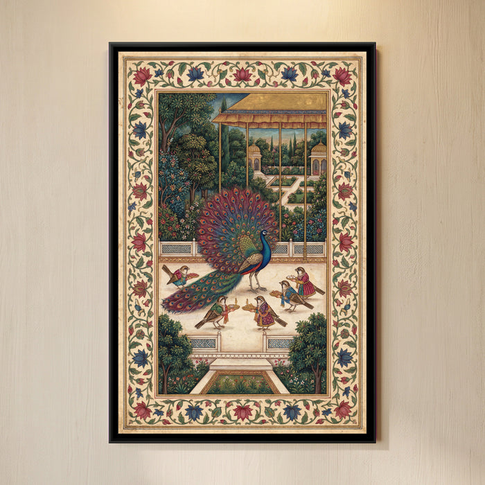 Peacock and the Sparrows – Under the Gold Canopy - framed canvas art print of a peacock with a fanned red and teal tail stands beneath a gold canopy as sparrows in small robes bring trays, a formal garden and pavilions stretching behind, hung on a wall