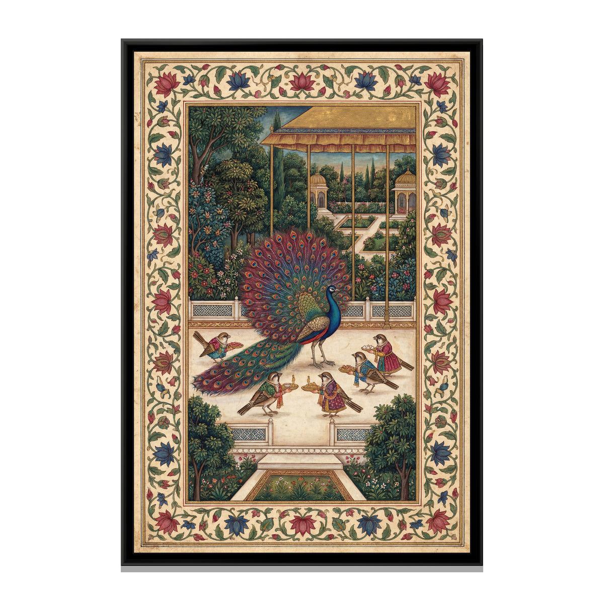 Peacock and the Sparrows – Under the Gold Canopy - framed canvas art print, front view