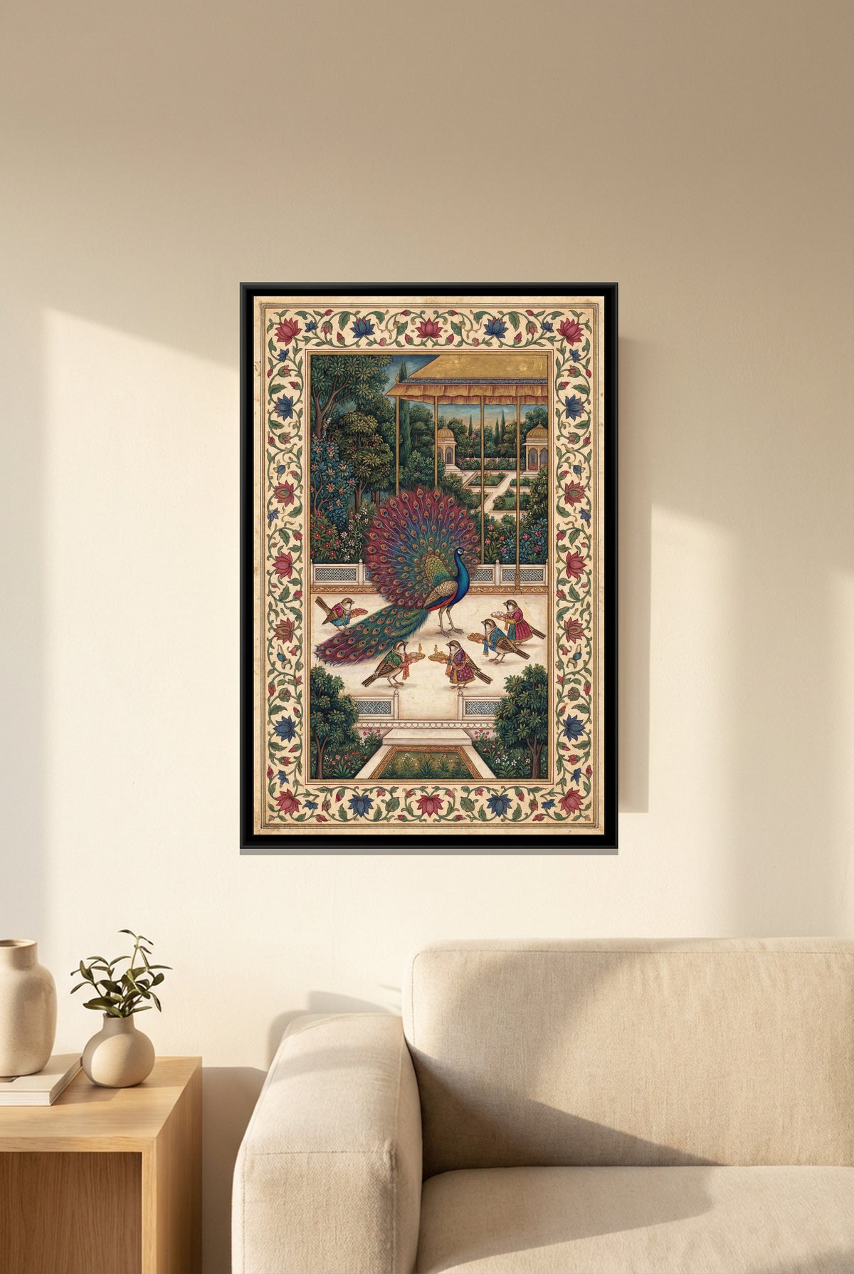 Peacock and the Sparrows – Under the Gold Canopy - canvas art print shown in a styled room