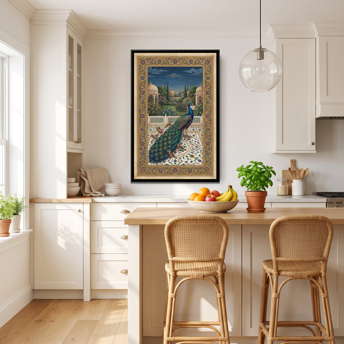 Peacock and the Sparrows – Blue on Marble - canvas art print shown in a second room setting