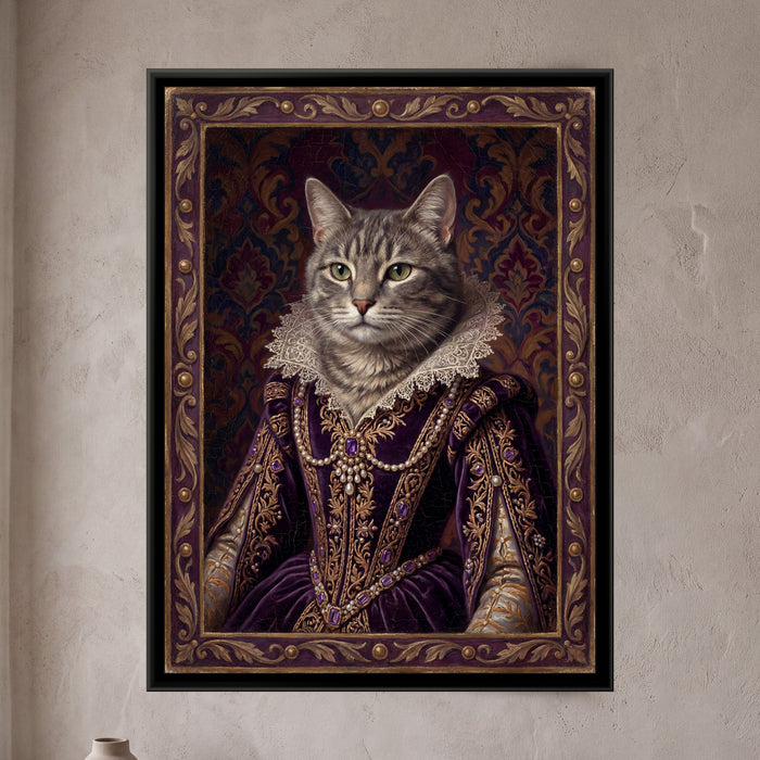 Cat in a Velvet Gown – Grey Tabby in Purple - framed canvas art print of a grey tabby cat in a lace collar and purple velvet gown hung with pearls and amethysts poses against a dark damask, enclosed by a carved purple and gold border, hung on a wall