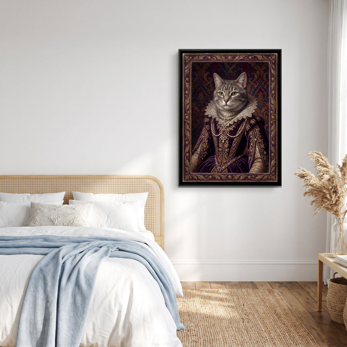 Cat in a Velvet Gown – Grey Tabby in Purple - canvas art print shown in a styled room