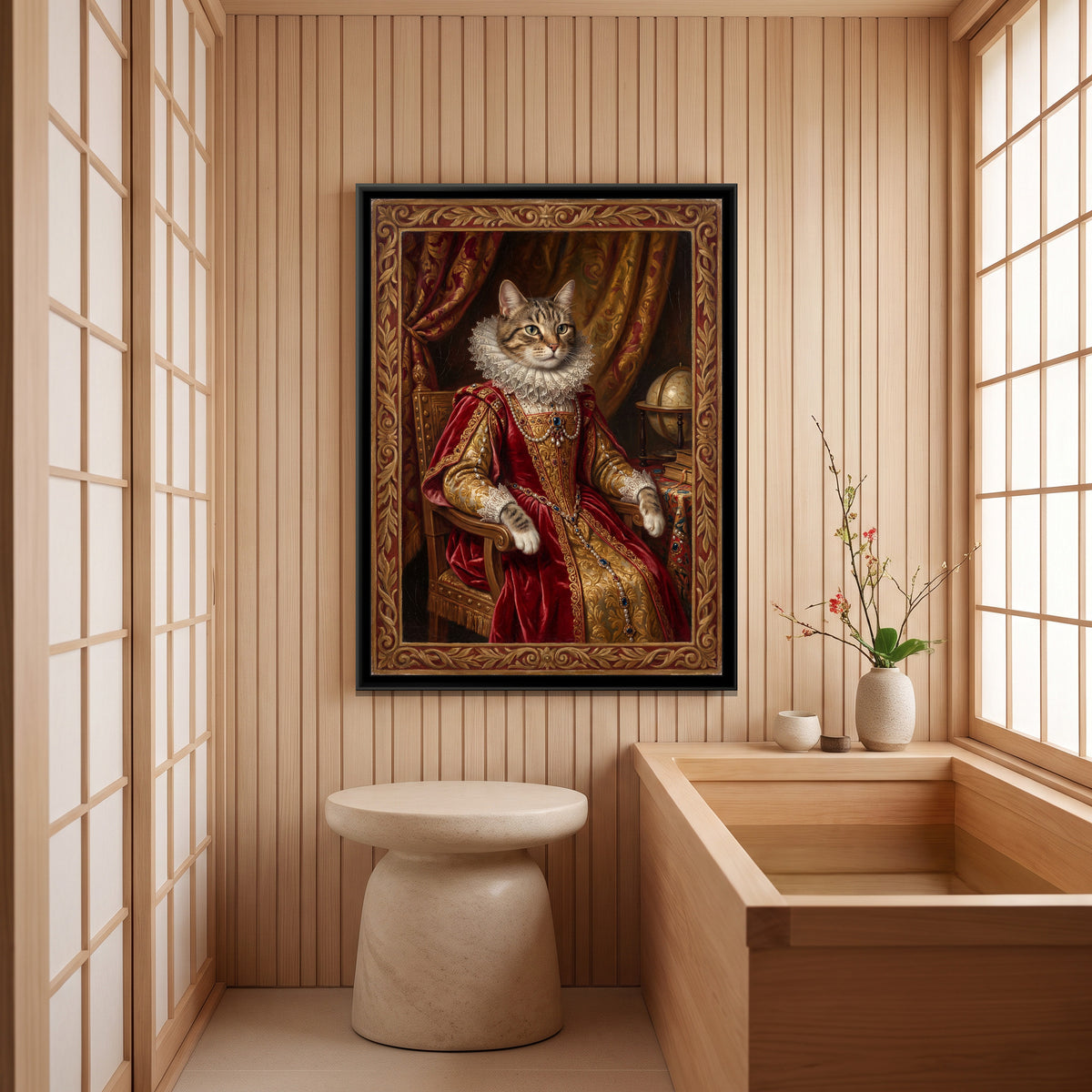 Cat in a Velvet Gown – Tabby in Crimson - canvas art print shown in a styled room