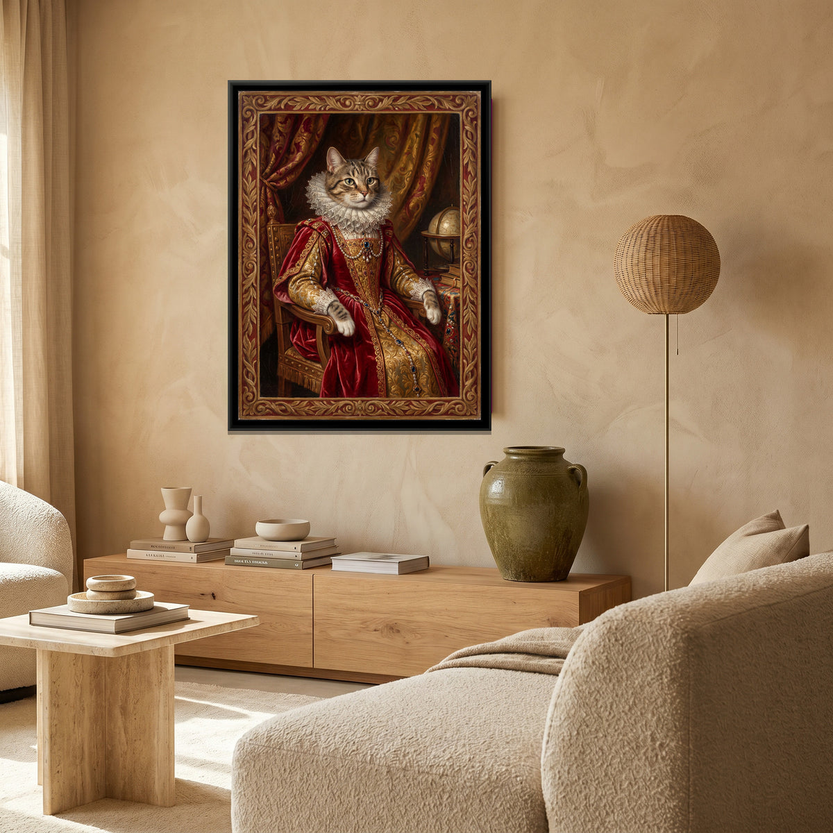 Cat in a Velvet Gown – Tabby in Crimson - canvas art print shown in a second room setting