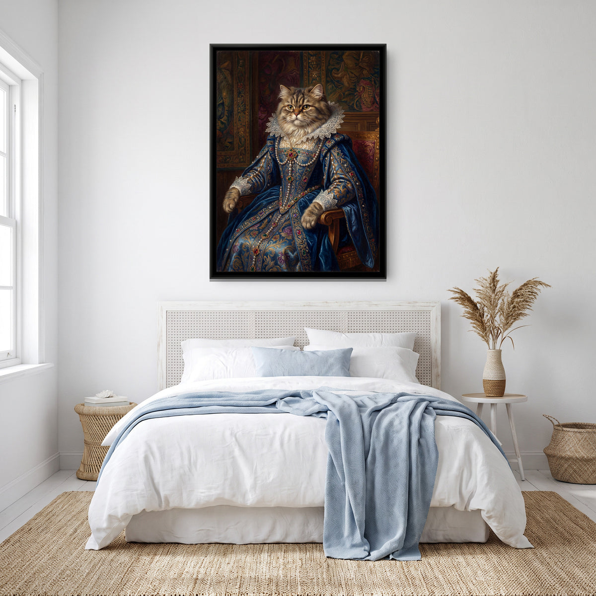 Cat in a Velvet Gown – Long-haired Tabby in Blue - canvas art print shown in a styled room