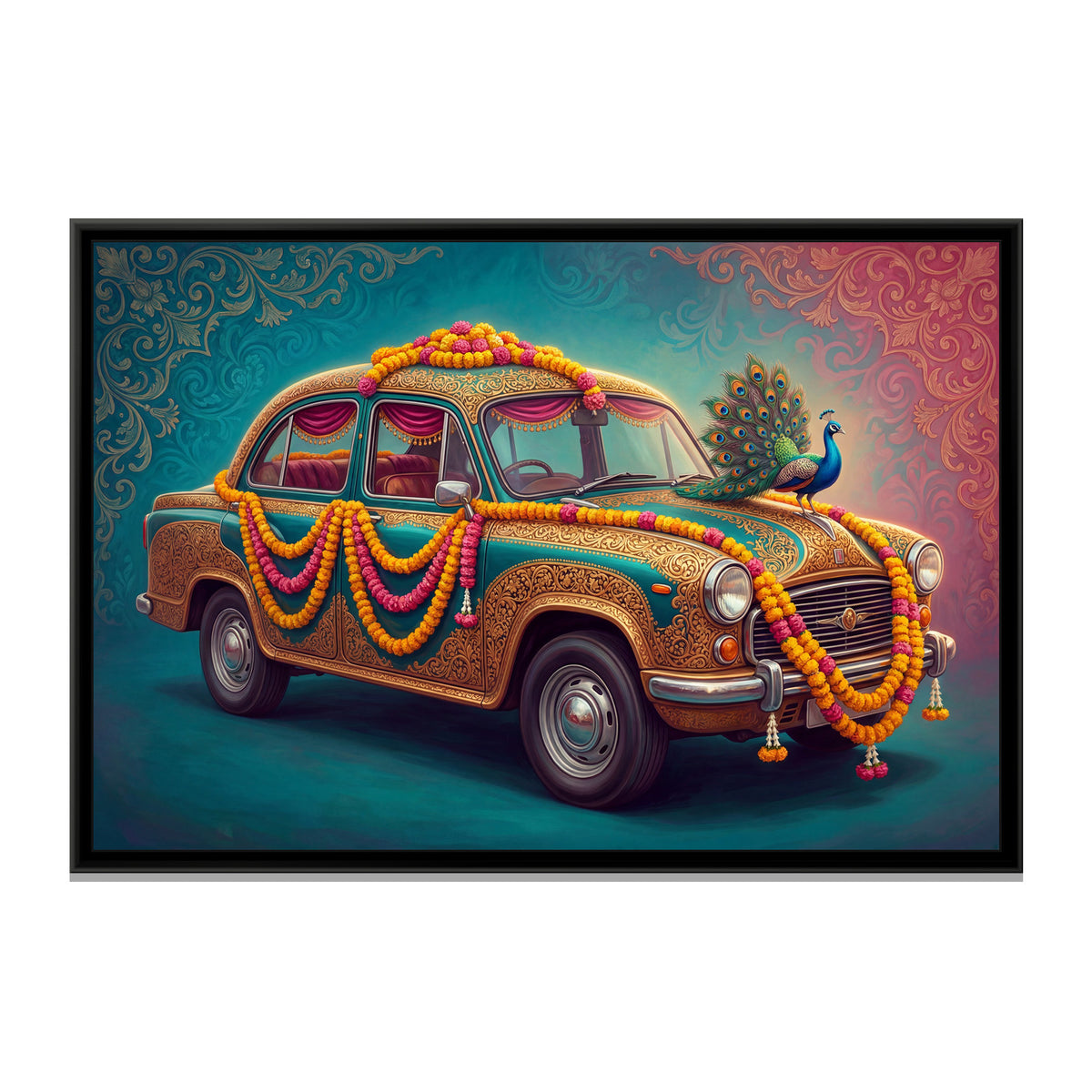 Vintage Car with Peacock – Teal with Gold - framed canvas art print, front view